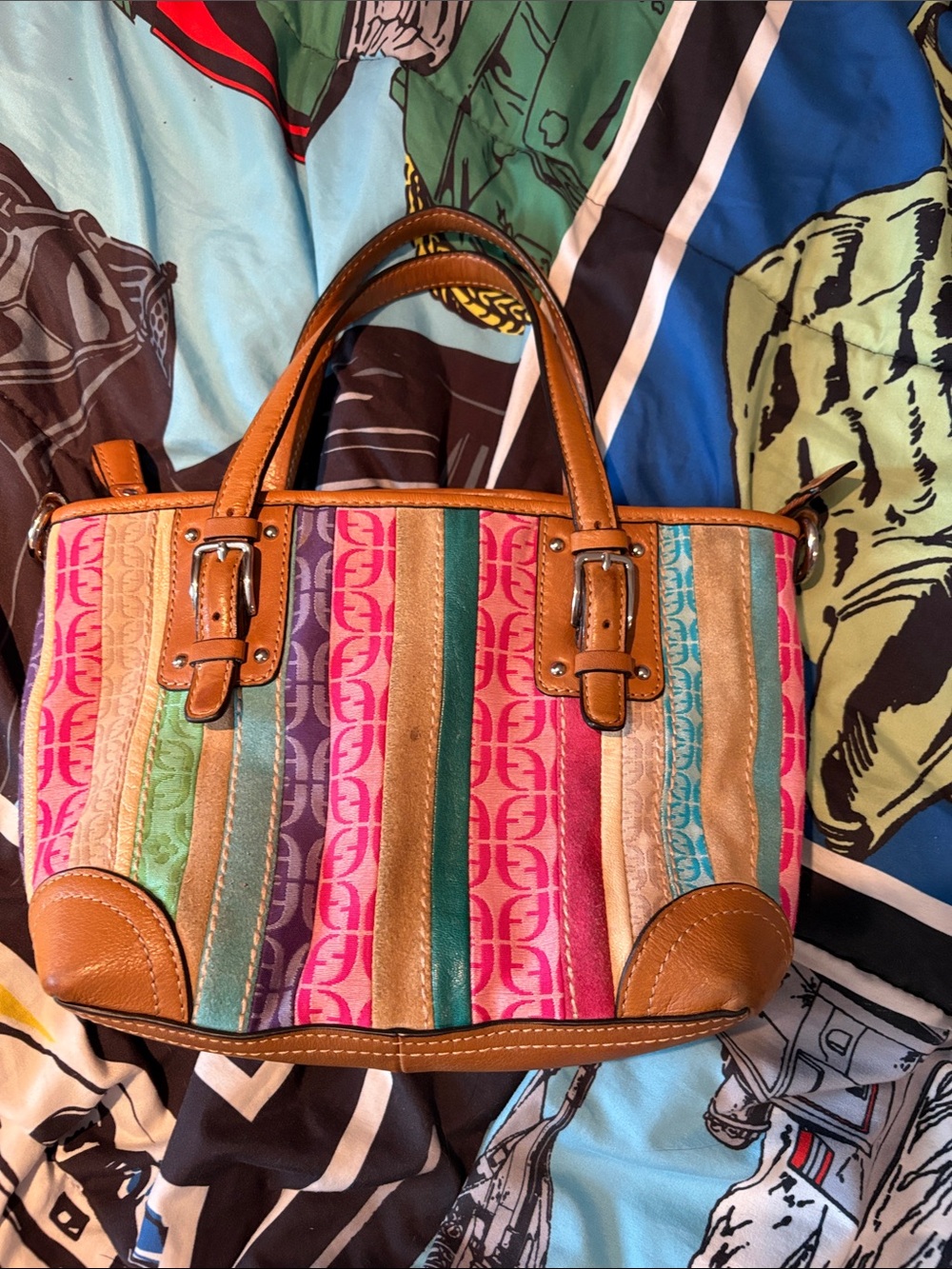 Fossil Multicolor Stripe Tote Bag with Leather Trim